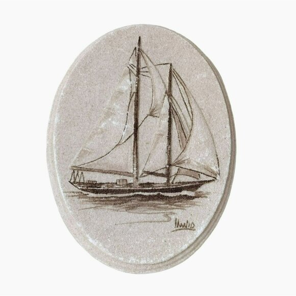 Stone Sand Art Wall Plaque Yacht Sailing Boat, Signed, Handmade in USA, Ceramic - Picture 1 of 8
